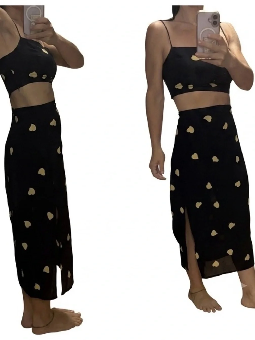Reformation navy Midi Skirt with yellowy cream Heart Motif